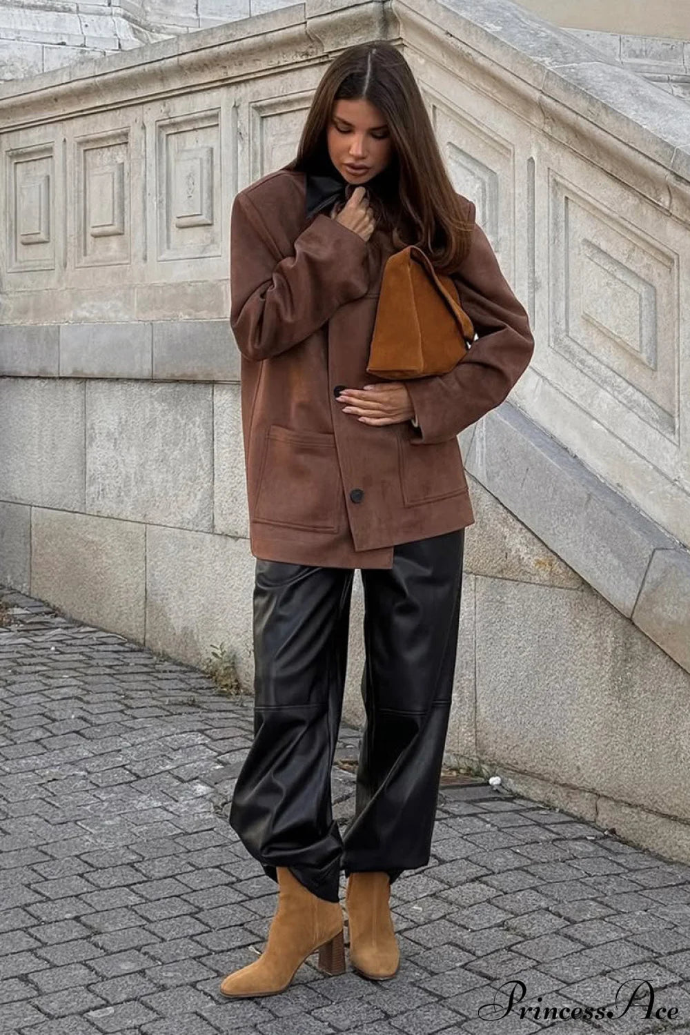 Coffee Suede Paneled Black Collar Loose Coat
