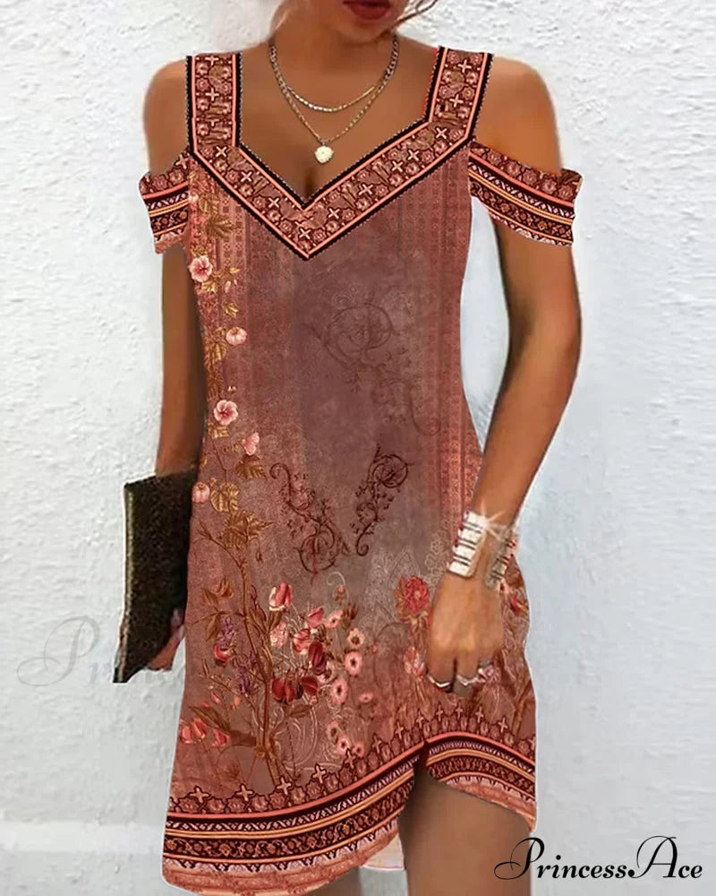 Floral Print Cold Shoulder Dress Burgundy 23BF Casual Dresses Clothes Dresses Summer