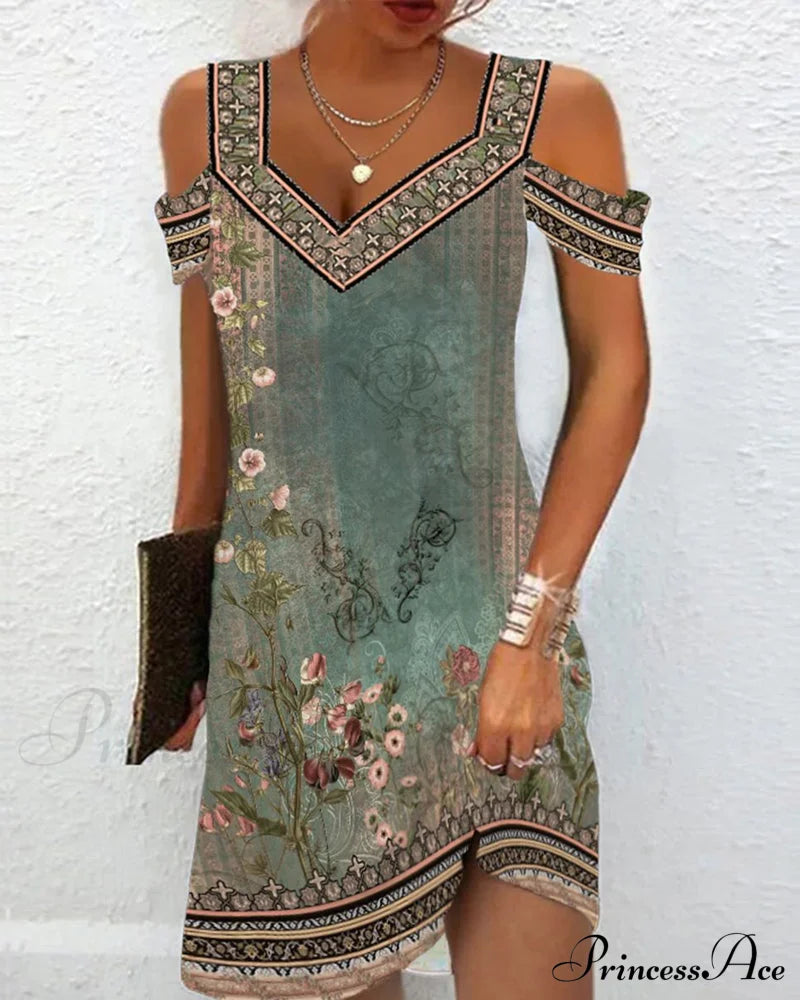 Floral Print Cold Shoulder Dress Green 23BF Casual Dresses Clothes Dresses Summer