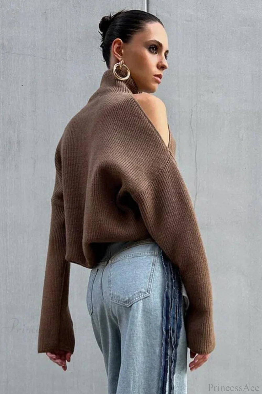 Cold Shoulder Turtleneck Loose Drape Knit Sweater
