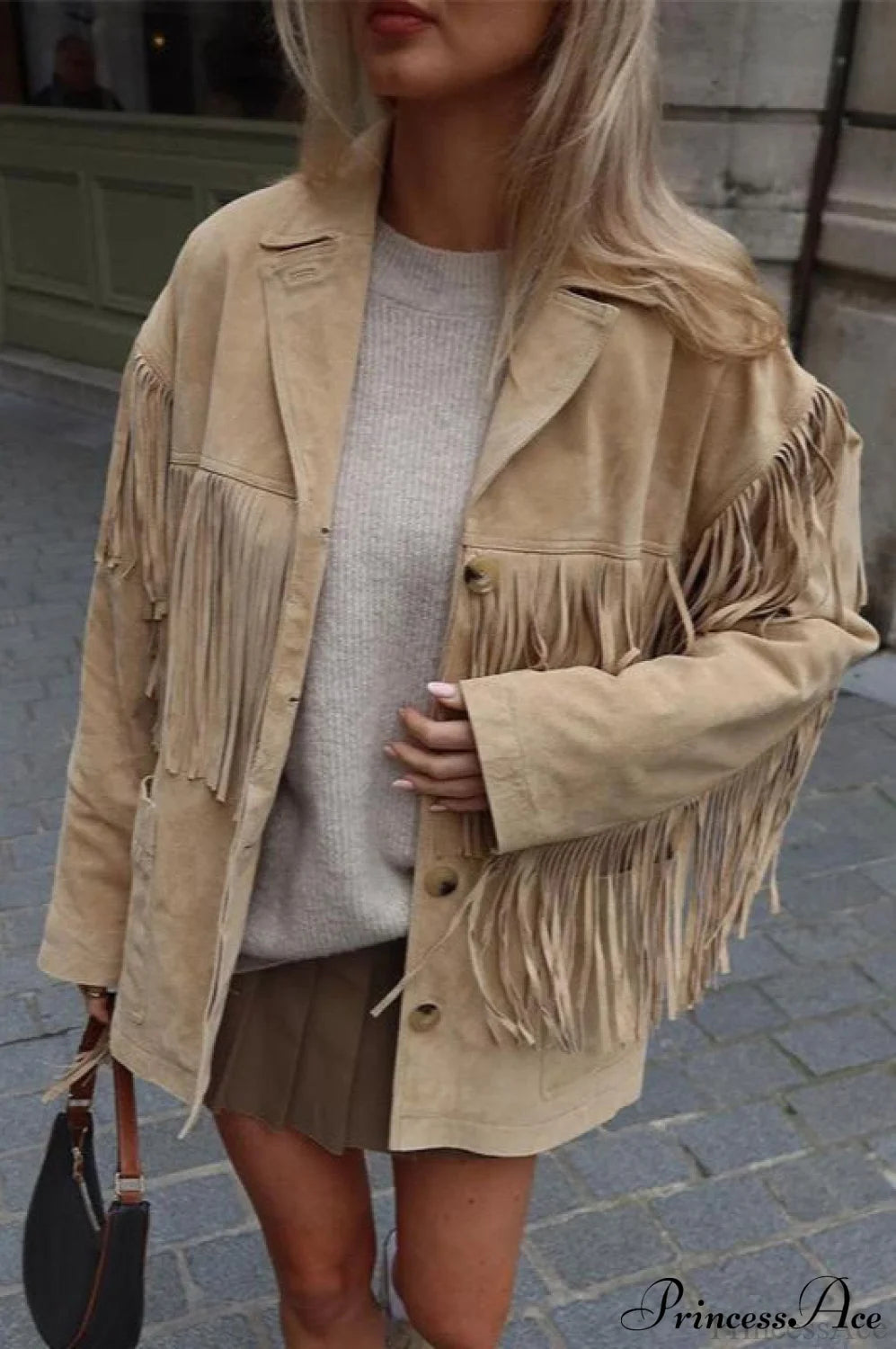 Collared Microsuede Tassel Long Sleeve Coat Khaki / S