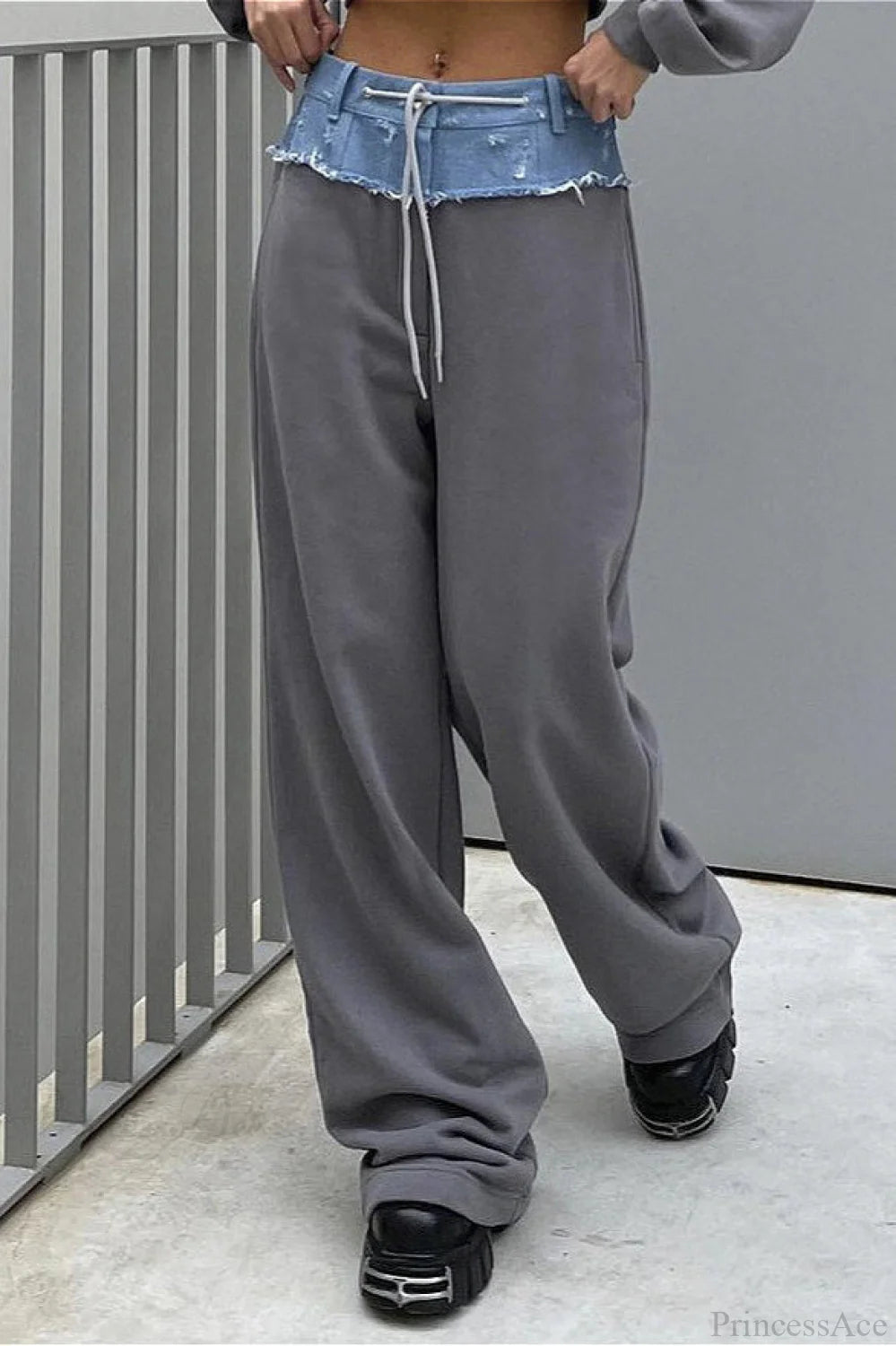 Color Block Casual Straight Wide Leg Jeans Grey / S