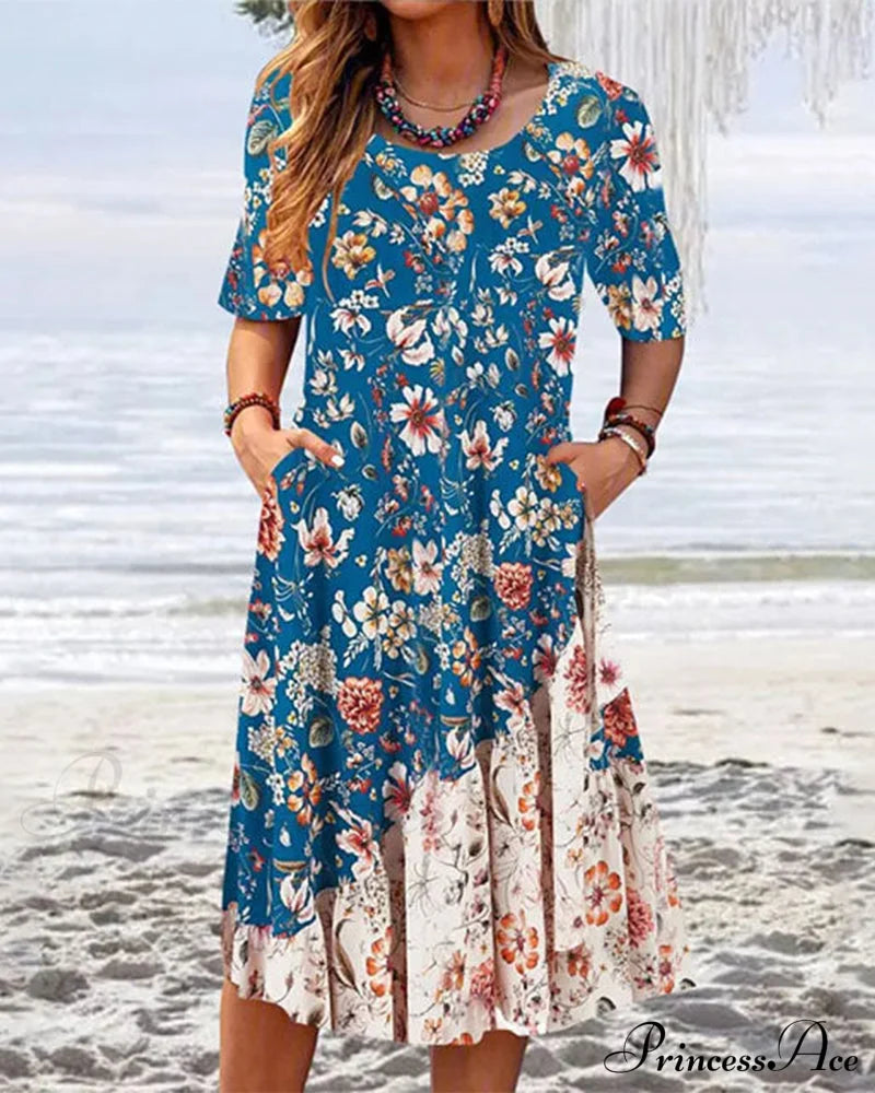 Round neck color block pockets dress Blue 23BF Casual Dresses Clothes Dresses Spring Summer