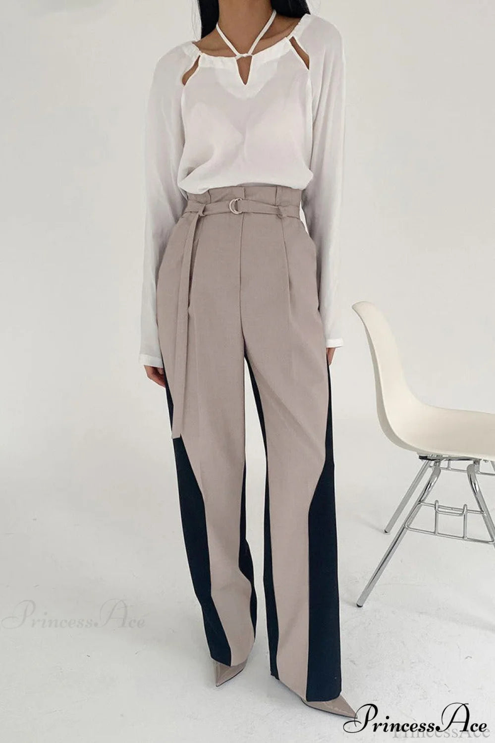 Color Block High Waisted Wide Leg Pants Khaki / S