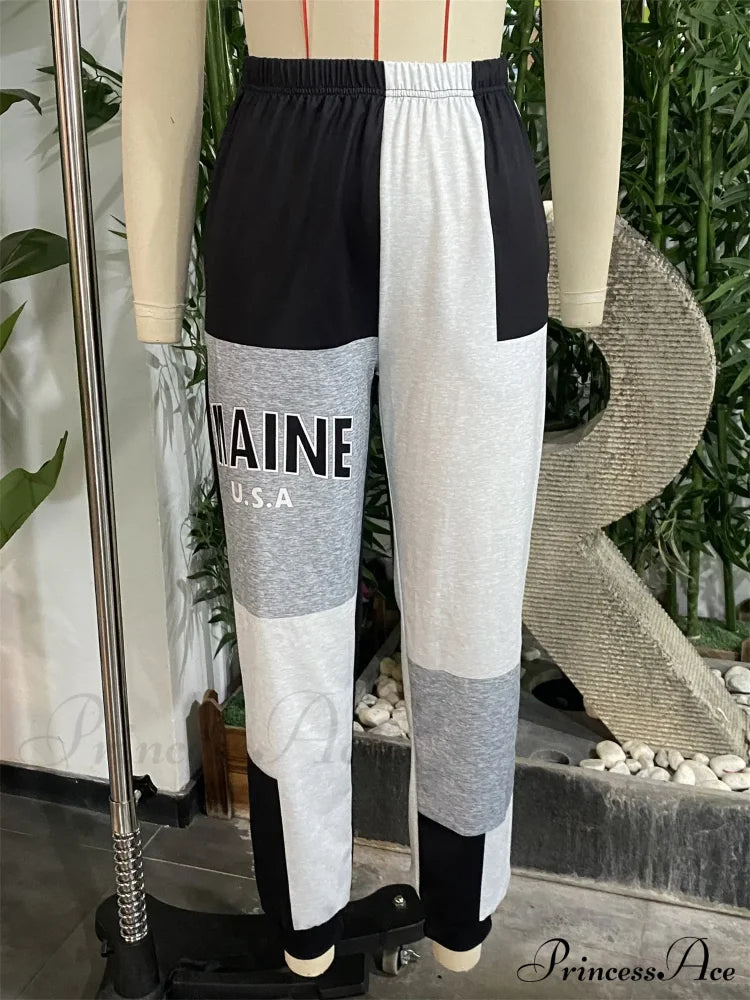 Color Block Jogger Letter Patchwork Print Knitting Casual Slant Pocket Pants