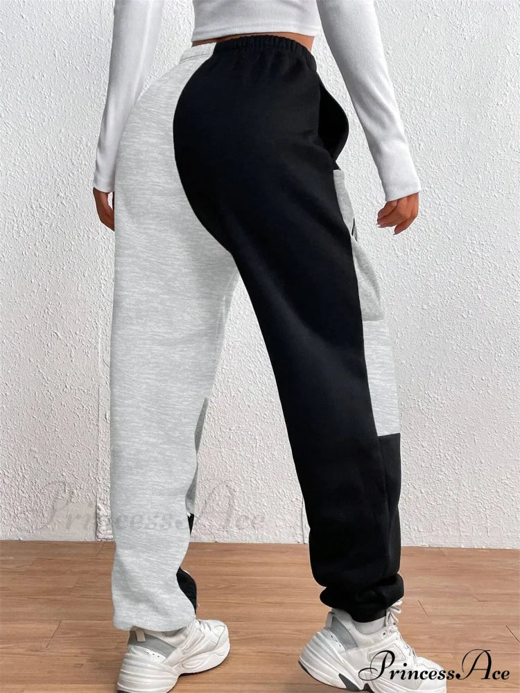 Color Block Jogger Letter Patchwork Print Knitting Casual Slant Pocket Pants