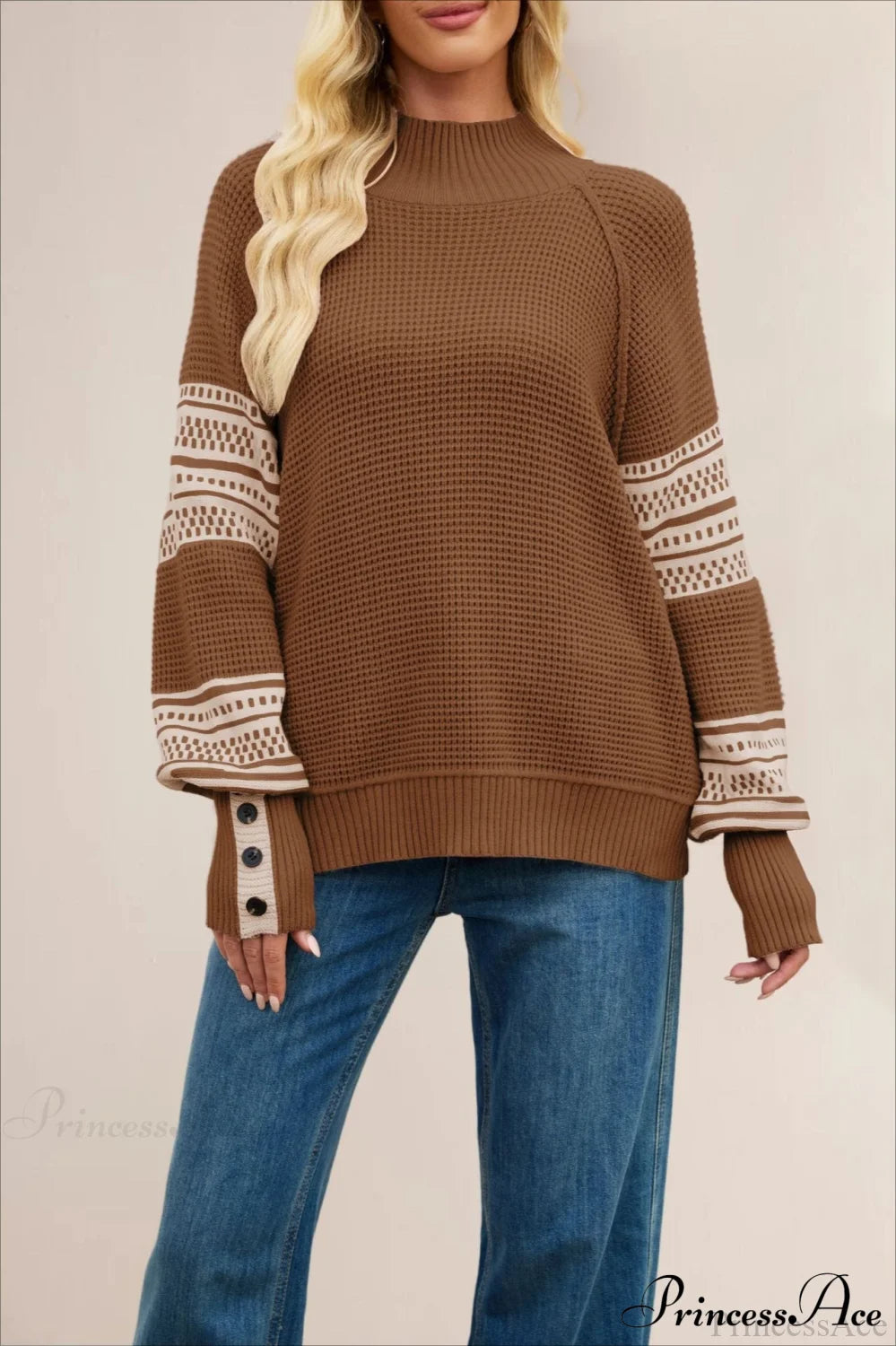 Color-Block Mock Neck Fashion Knit Sweater
