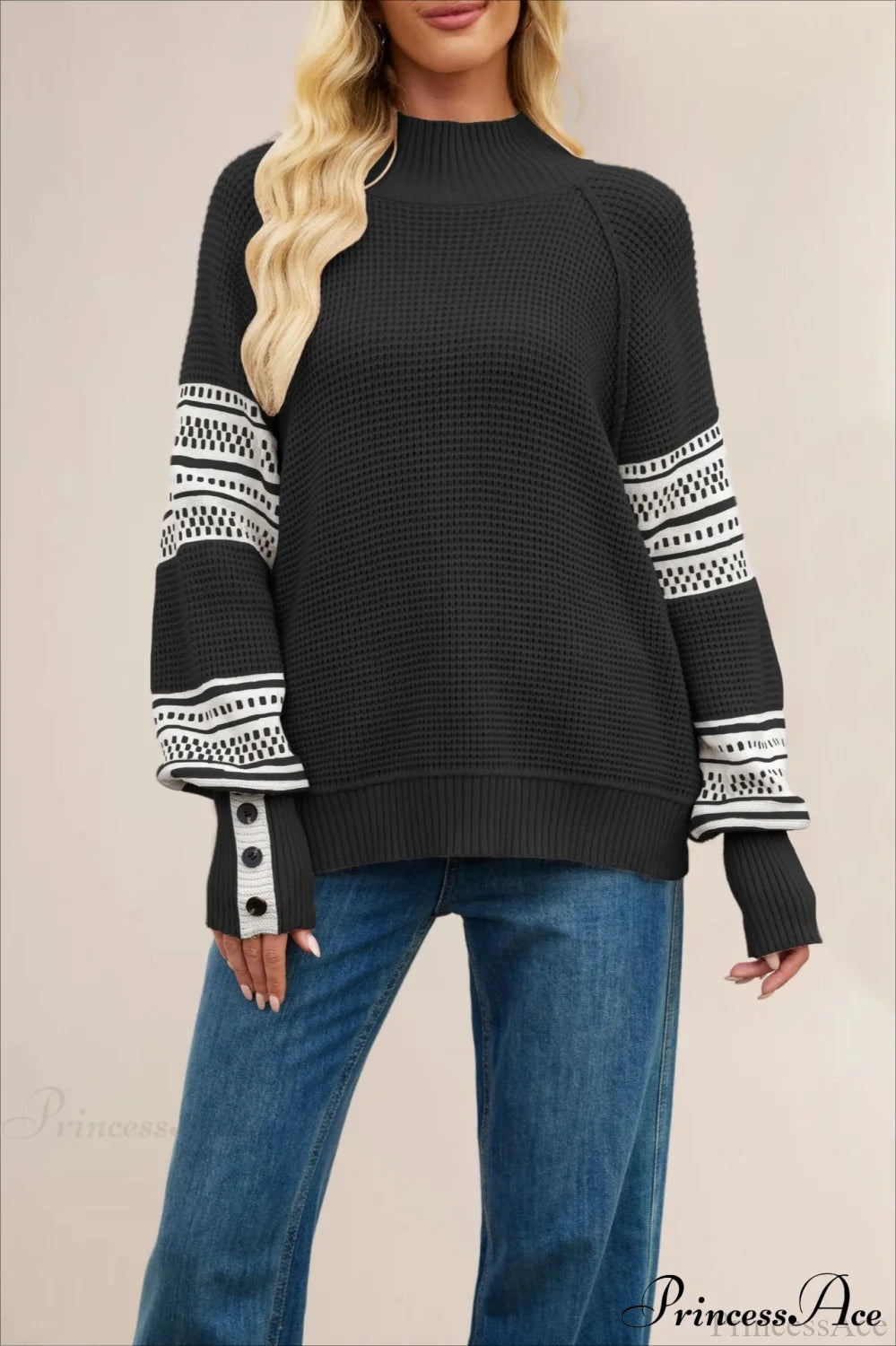 Color-Block Mock Neck Fashion Knit Sweater Black / S