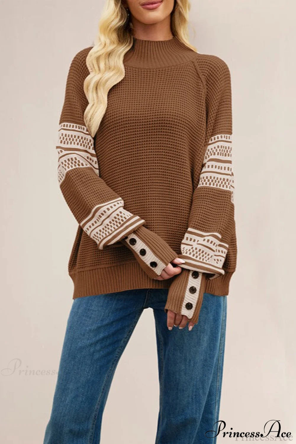 Color-Block Mock Neck Fashion Knit Sweater Brown / S