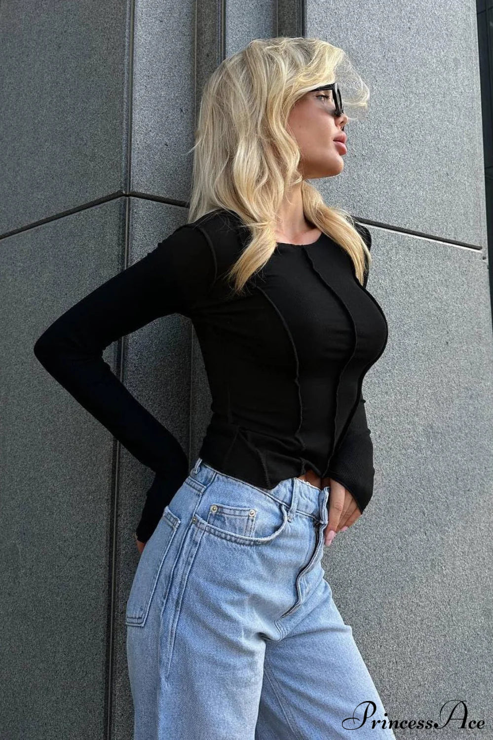 Color Block Ribbed Slim Crew Neck Long Sleeve Tee Black / S