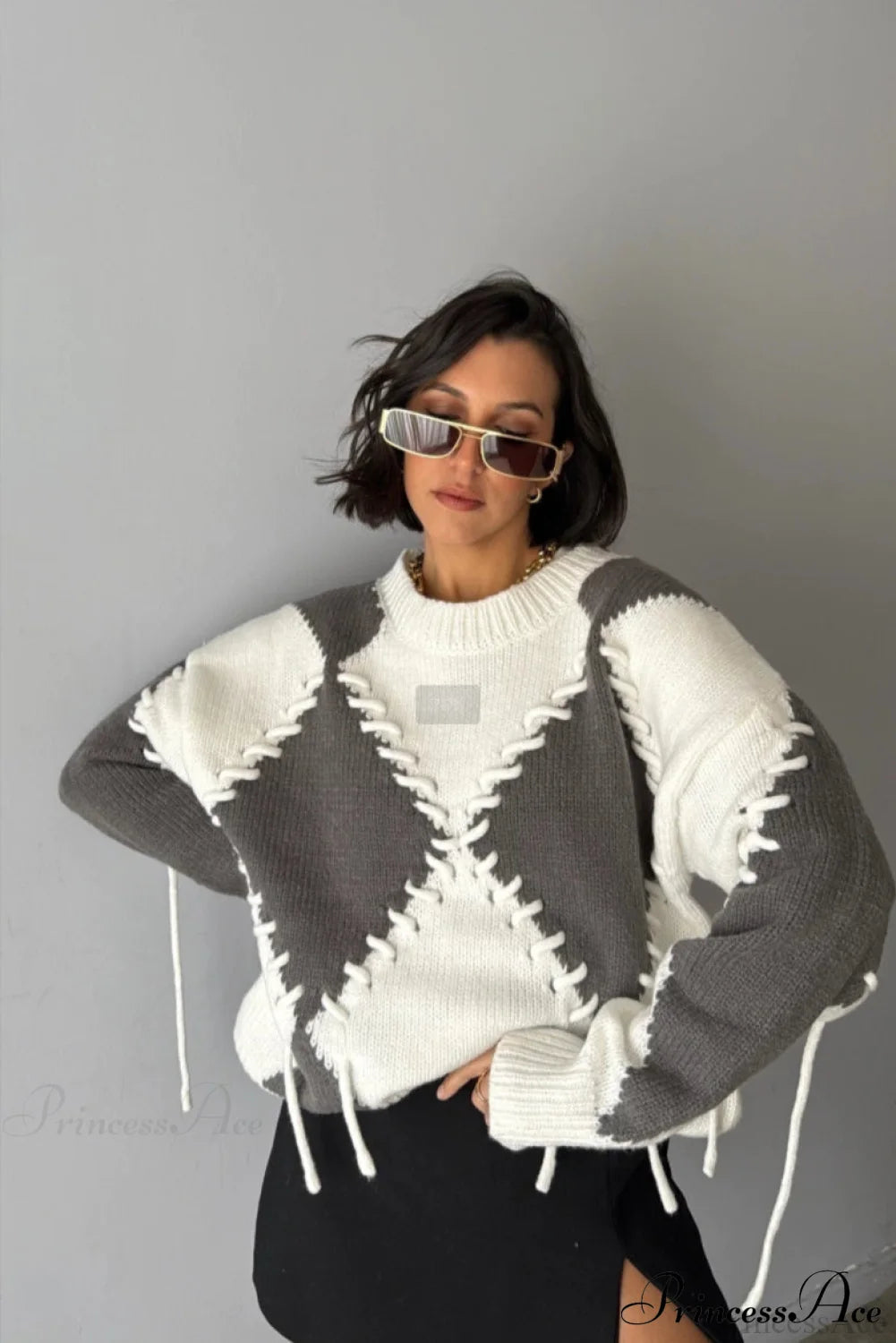 Colorblock Argyle Drawstring Crew Neck Knit Sweater