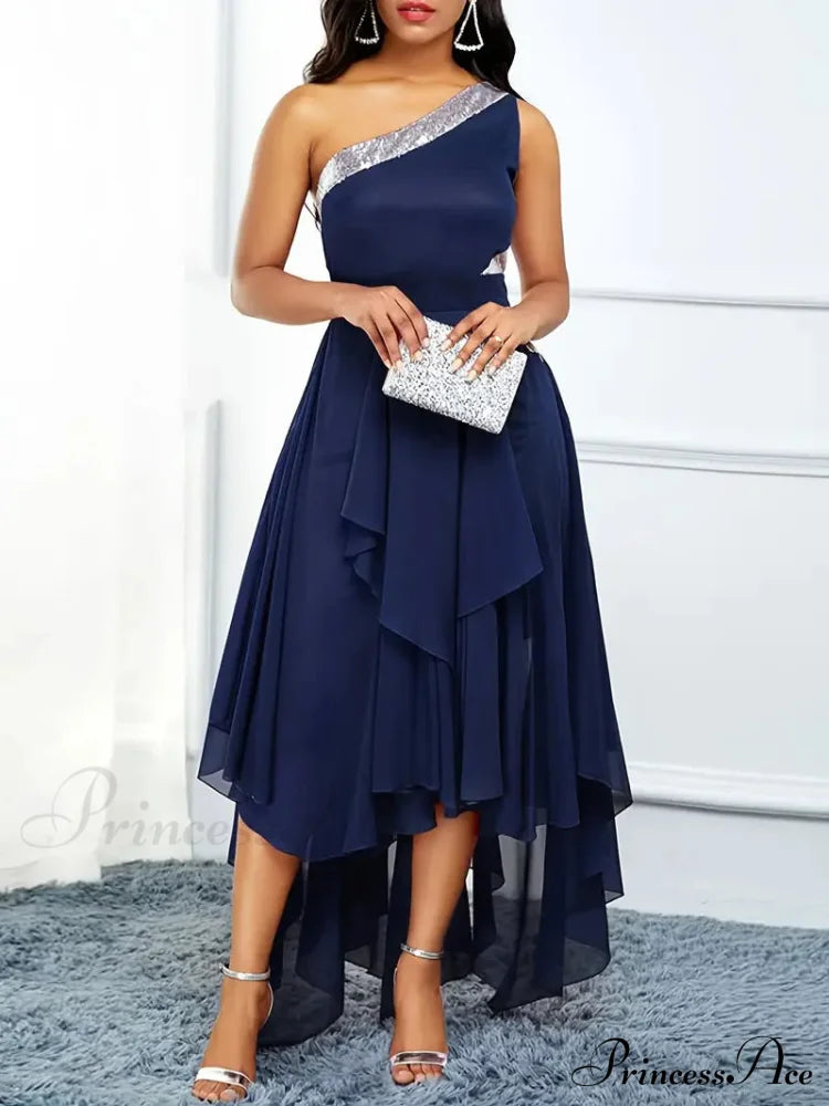 Colorblock Sequin One Shoulder Asymmetrical Party Dress Xl / Black