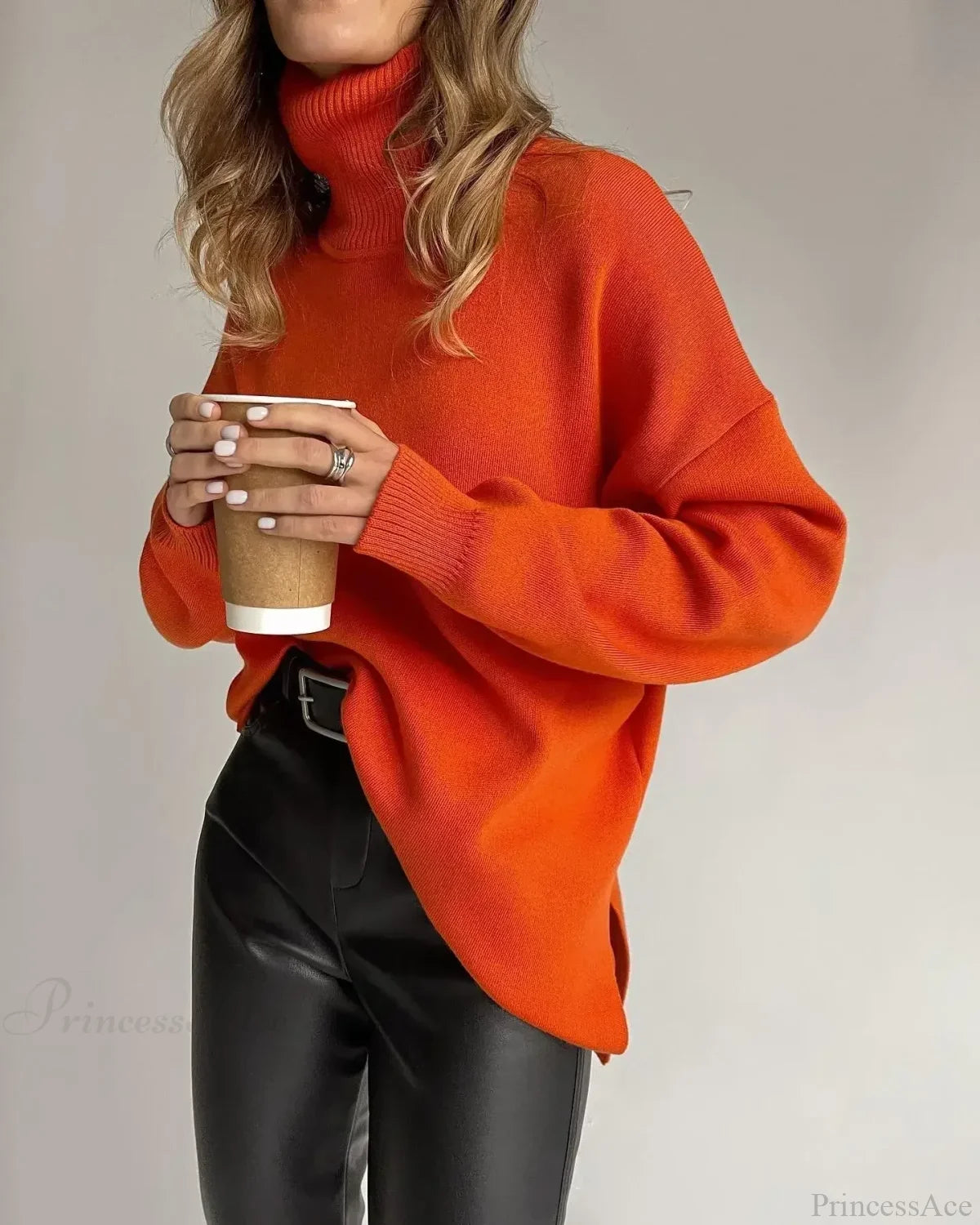 Colorblock Turtleneck Thick Sweater Orange / S