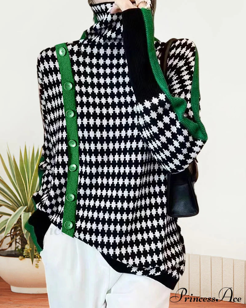 Colorblocked Neck High Pullover Sweaters-L