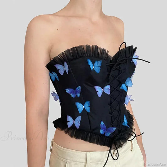 Colorful Butterfly Appliques Mesh Ruffle Crop Top Black / S croptop-250223