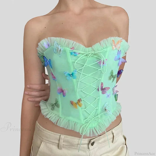 Colorful Butterfly Appliques Mesh Ruffle Crop Top Turquoise / S croptop-250223