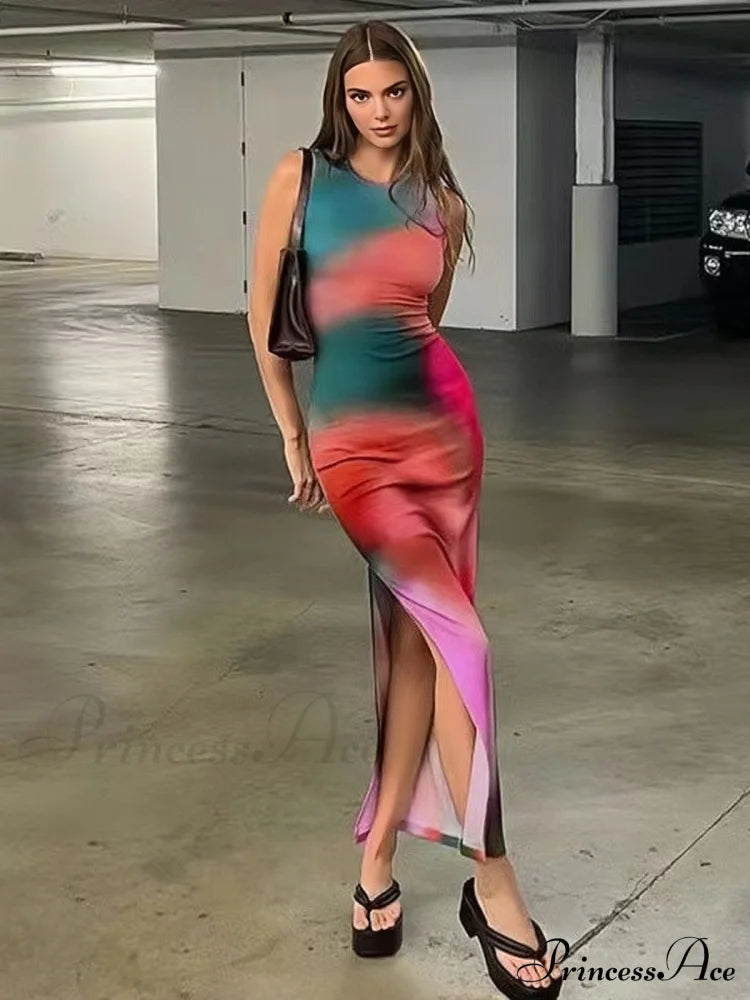 Colorful Maxi Slit Summer Dress S / Red Green Colorful Maxi Dress