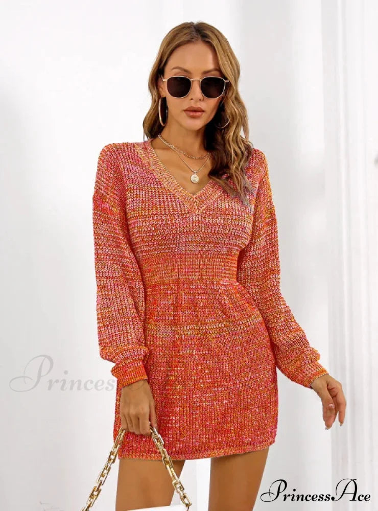 Colorful V-Neck Lantern Sleeve Sweater Dress S / Green
