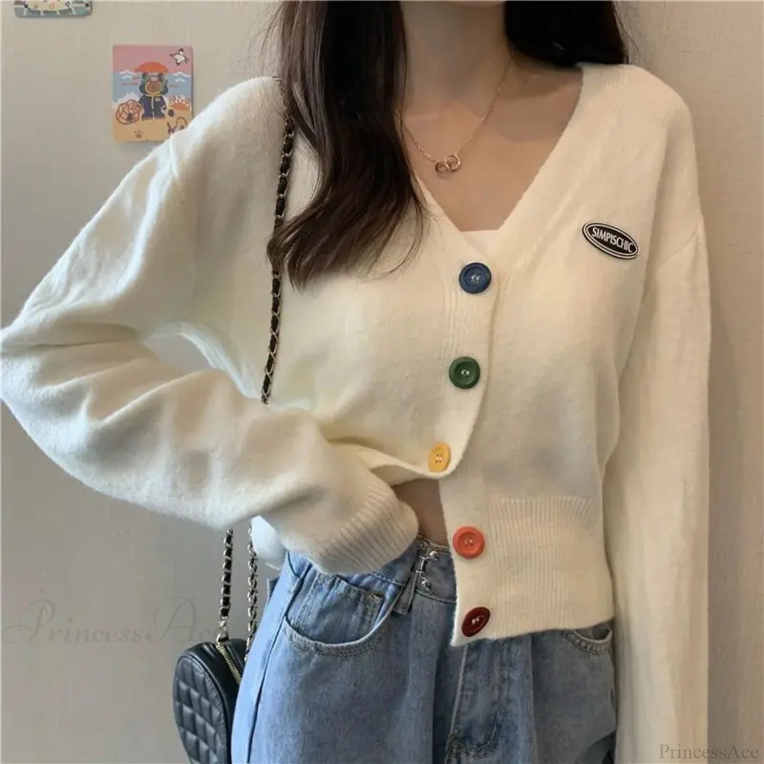 Colorful V-Neck Loose Long Sleeve Casual Knit Cardigan WHITE / S cardiagn-250126