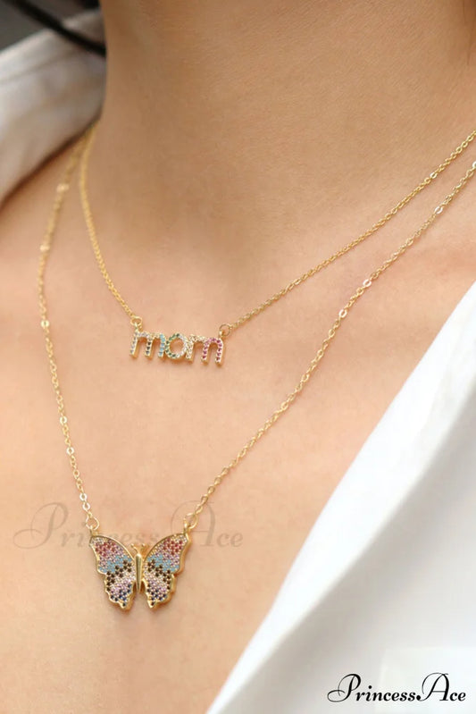 Colorful Zicron Necklace With Mom And Butterfly Design Jewelry