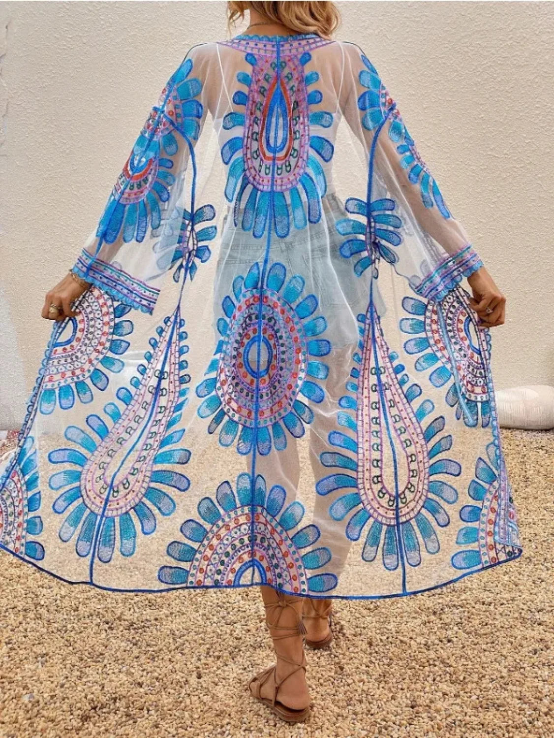 Colourful Floral Embroidery Boho Beach Cover-up Lace Bikini Blue / One Size bohocoverup-250126