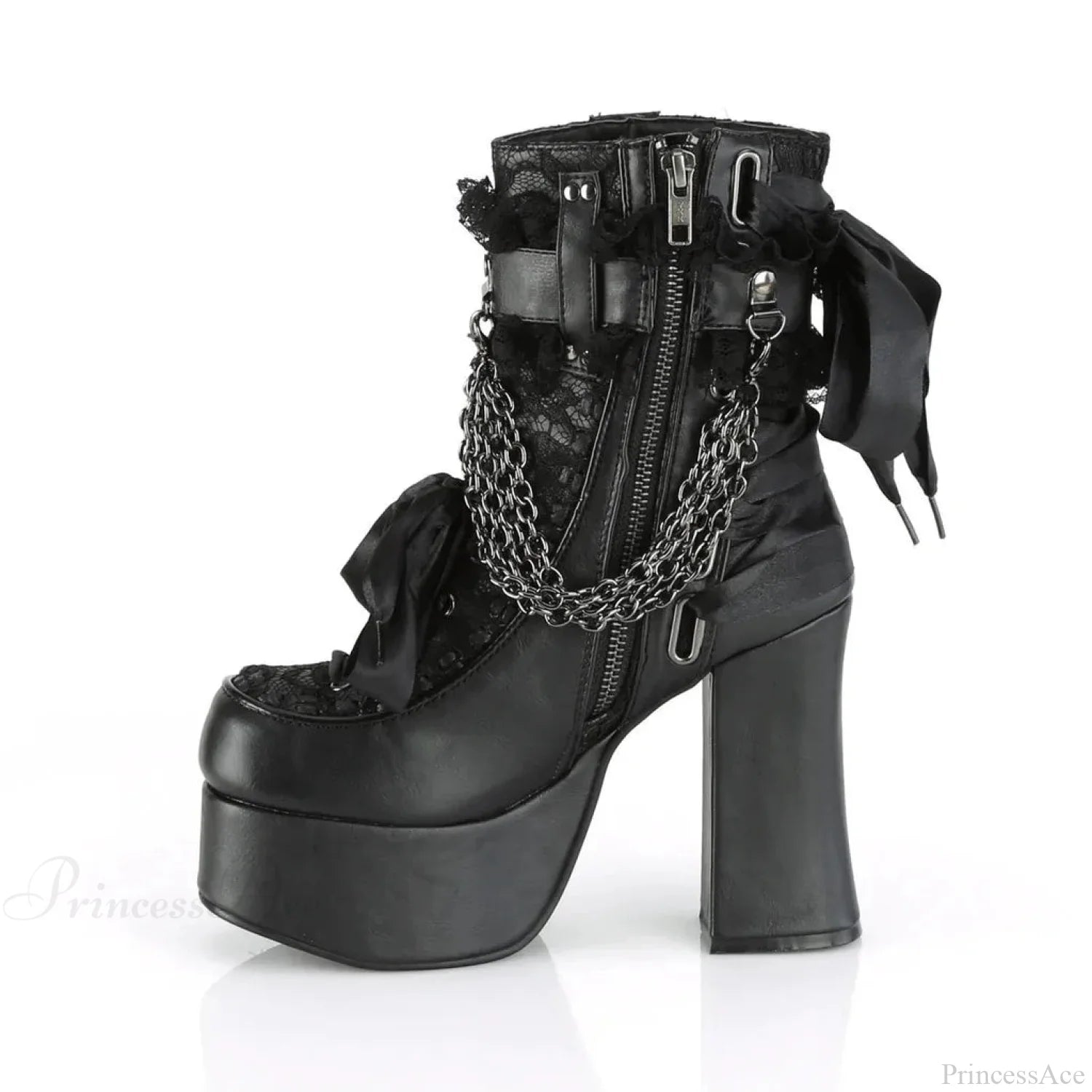 Connected Lacing Up Ribbon Gothic Tall Heel Black / 35
