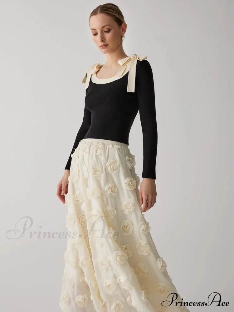 Contrast Bow Crew Trendy Neck Knit Top Sweaters-L