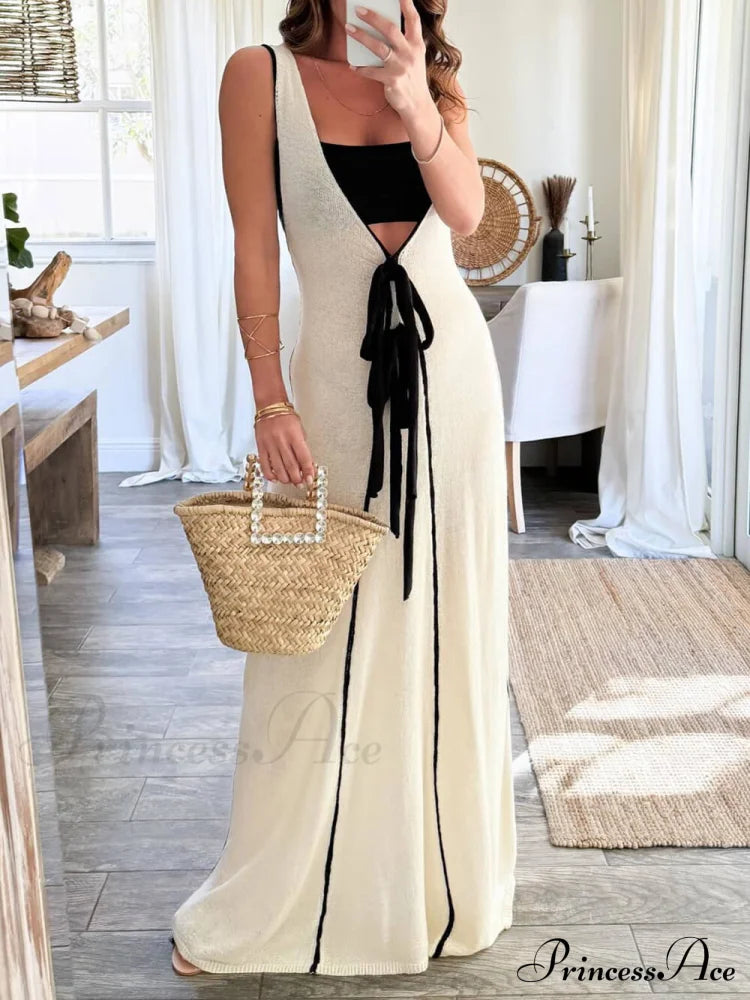 Contrast Color Self-Tie Charming Flowy Oversized Maxi Dress Dresses