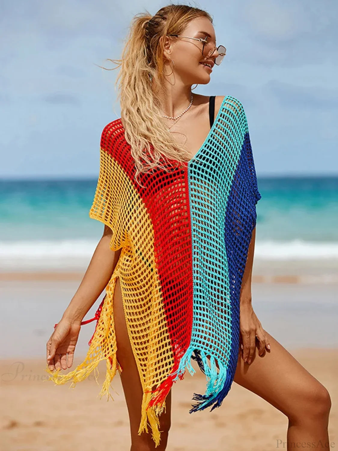 Contrast Color Tassel Hollow Beach Cover Up color3 / One Size