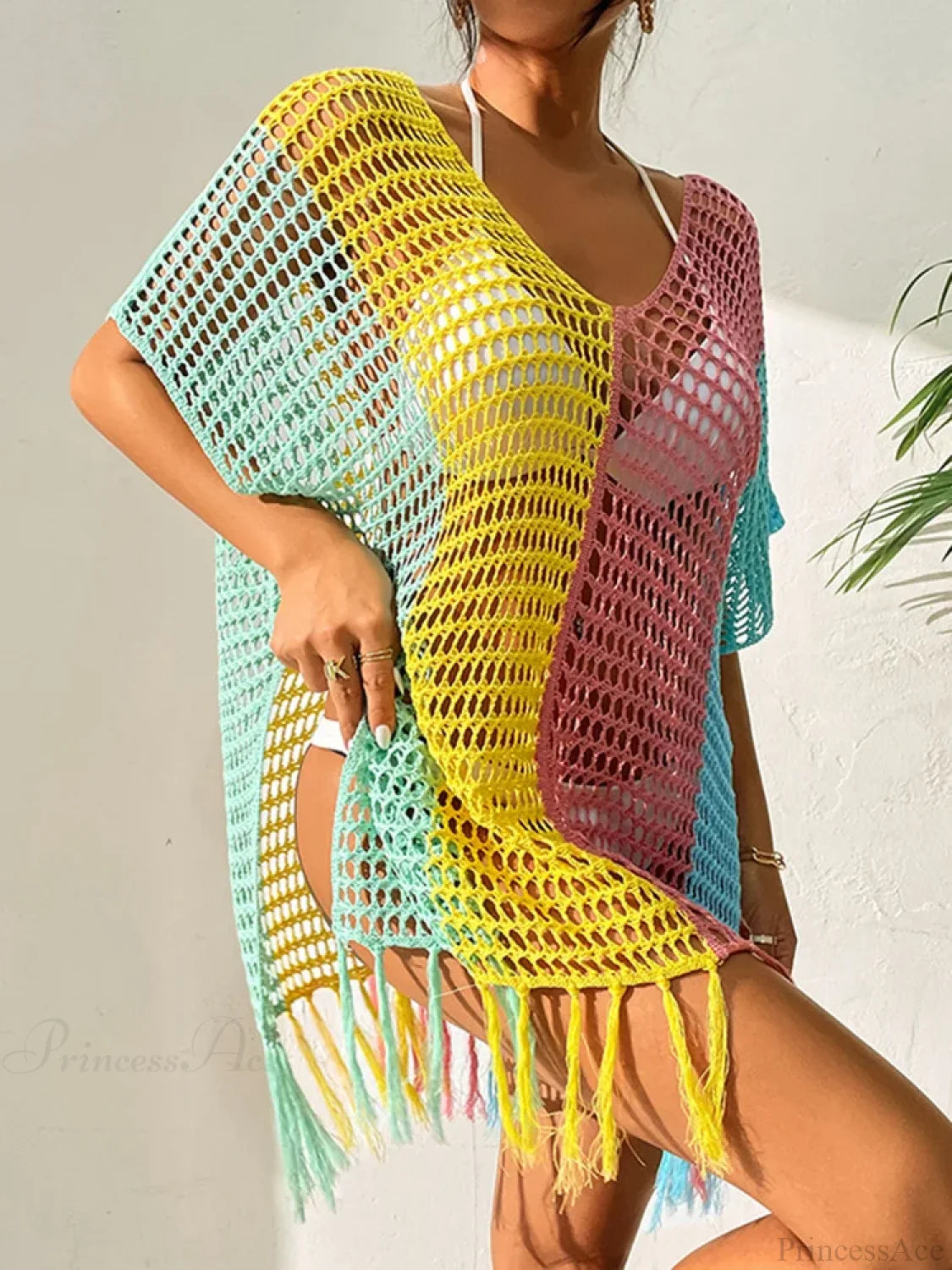 Contrast Color Tassel Hollow Beach Cover Up color5 / One Size