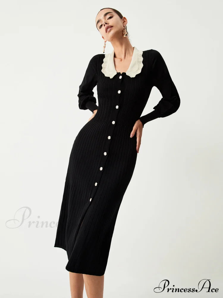 Contrast Eyelet Collar Long Modern Sleeve Midi Sweater Dress Sweaters-L