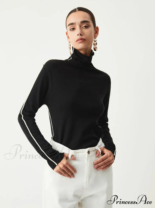 Contrast Piping Turtleneck Trendy Long Sleeve Top Tank Tops & Camis