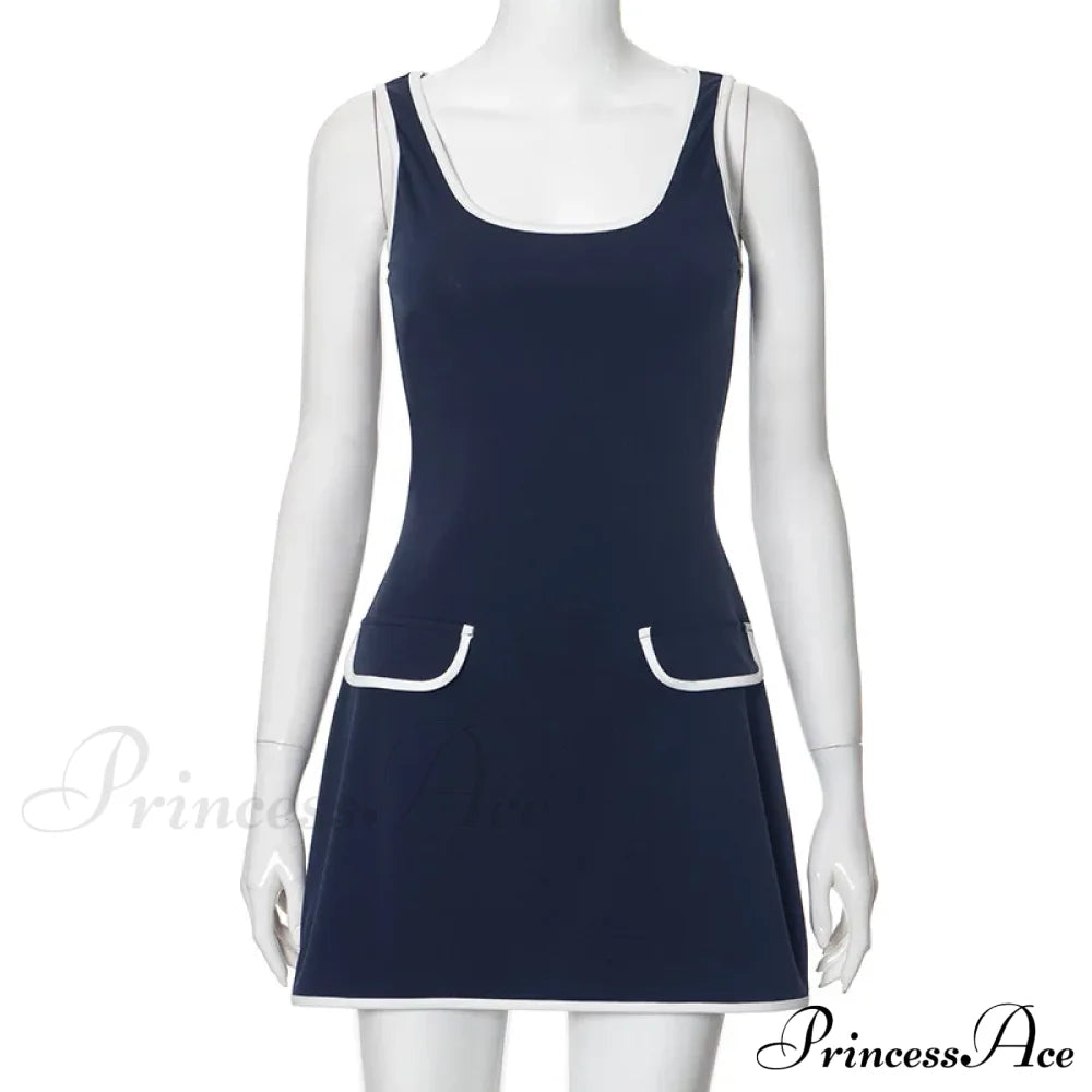 Contrast Seam Blue Charming Mock Pocket Mini Dress