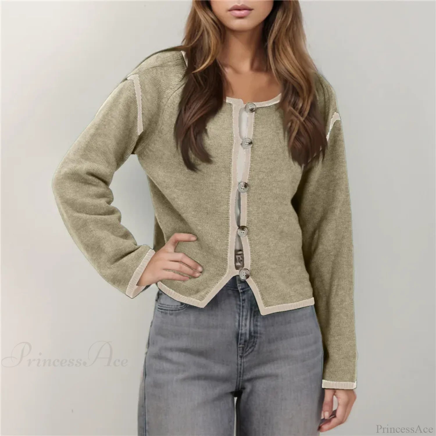 Contrast Stitching Long Sleeve Button Cardigan Khaki / S