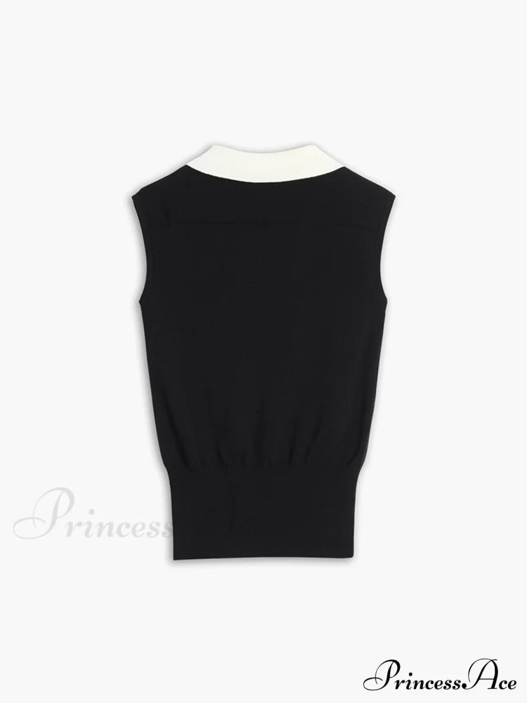 Contrast Trim Collar Trendy V-Neck Knit Sweater Vest Sweaters-L