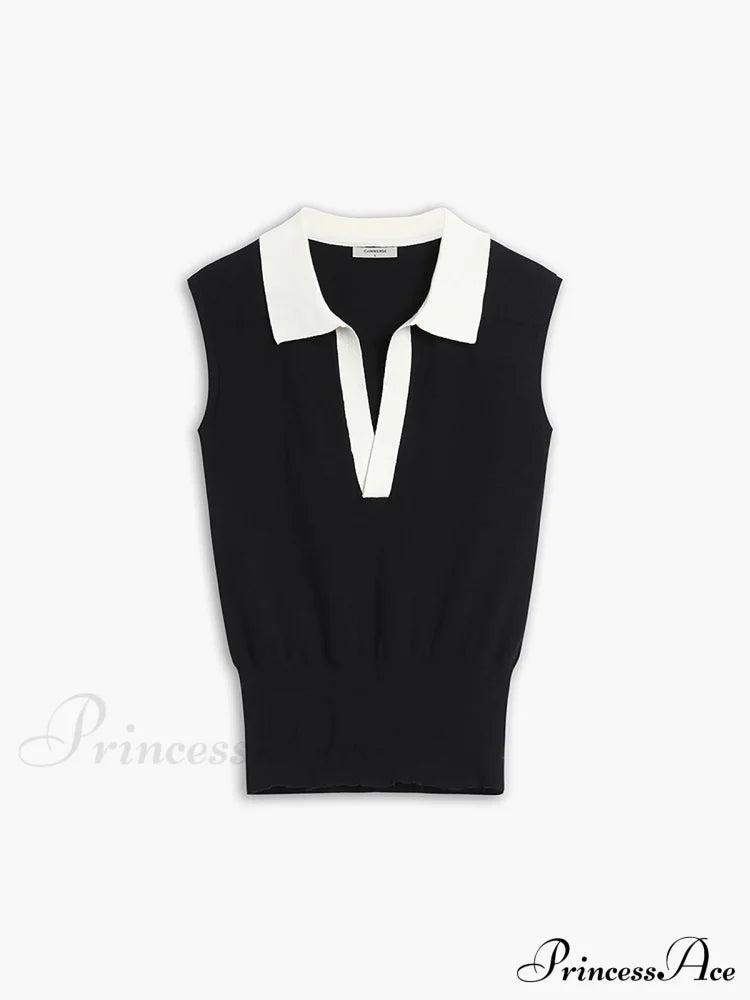 Contrast Trim Collar Trendy V-Neck Knit Sweater Vest Sweaters-L