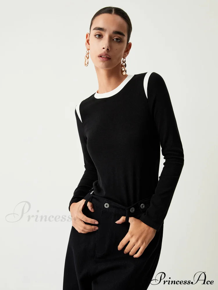 Contrast Trim Graceful Long Sleeve Shirt T-Shirts