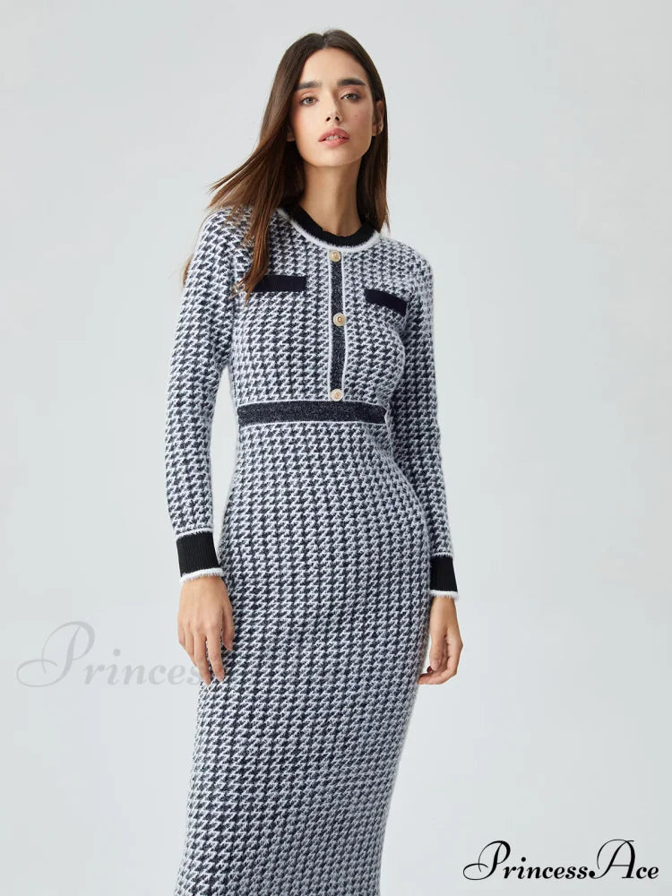 Contrast Trim Herringbone Trendy Bodycon Sweater Midi Dress Sweaters-L