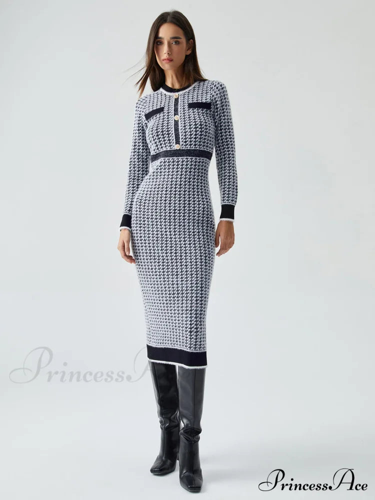 Contrast Trim Herringbone Trendy Bodycon Sweater Midi Dress Sweaters-L