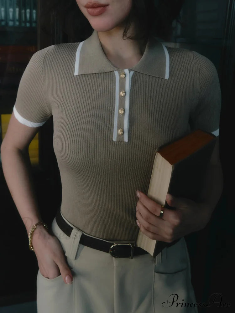 Contrast Trim Metal Trendy Button Knit Top Khaki / Xs Sweaters-L