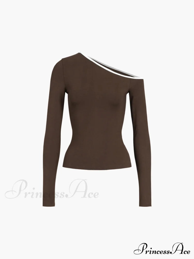 Contrast Trim Off Trendy Shoulder Long Sleeve Shirt Brown / Xs T-Shirts