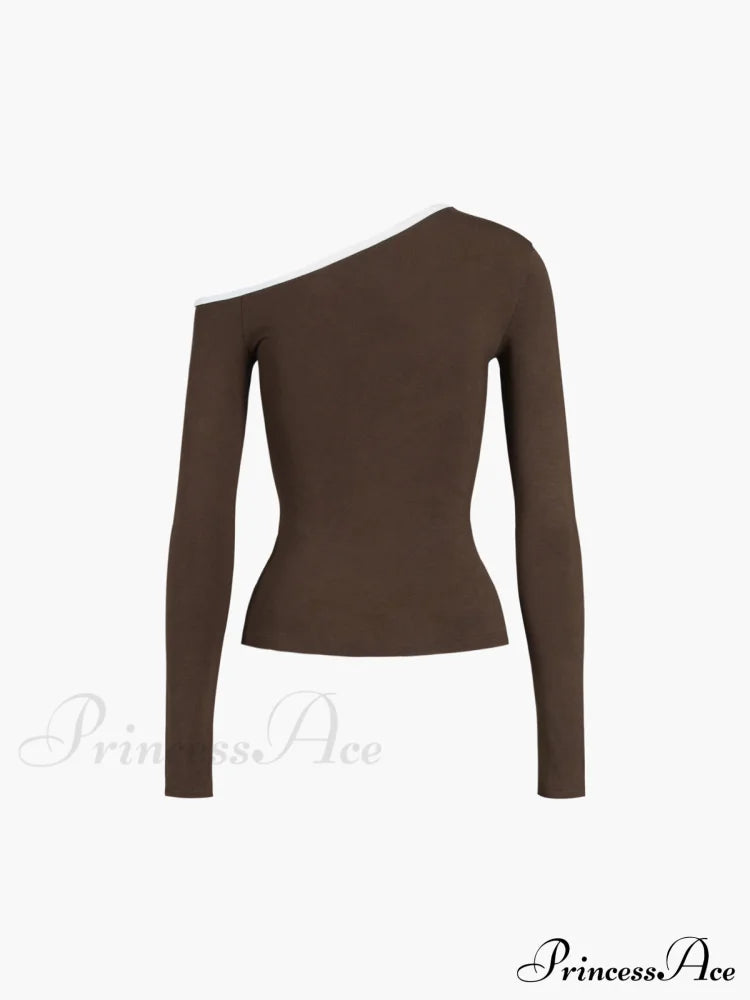Contrast Trim Off Trendy Shoulder Long Sleeve Shirt T-Shirts
