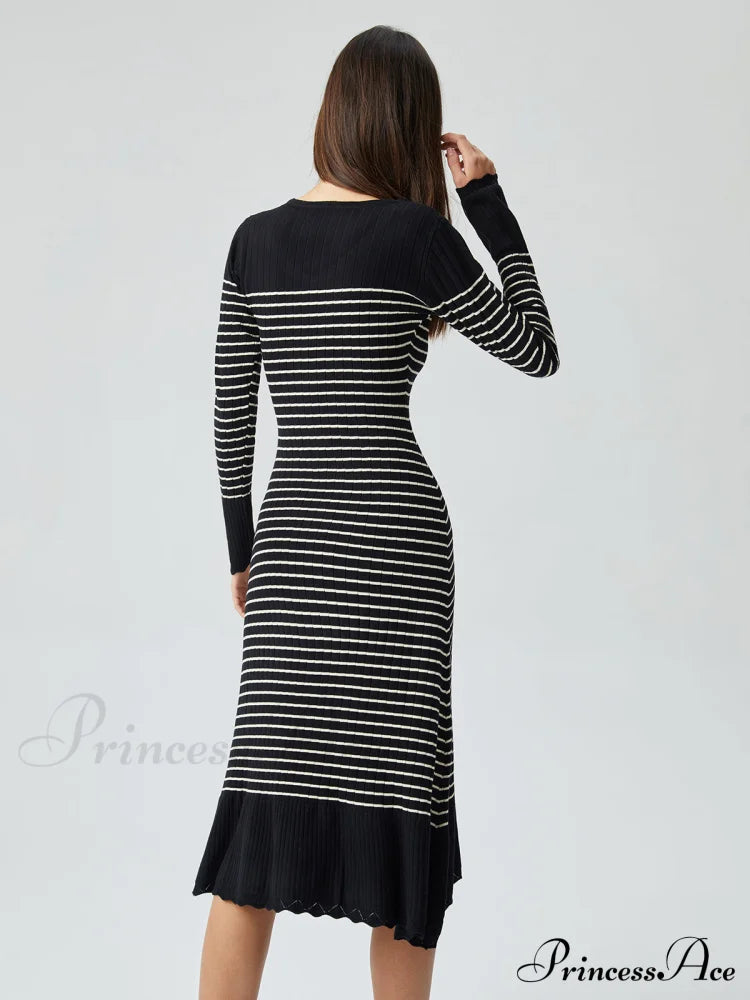 Contrast Trim Striped Crew Modern Neck Knit Sweater Dress Sweaters-L