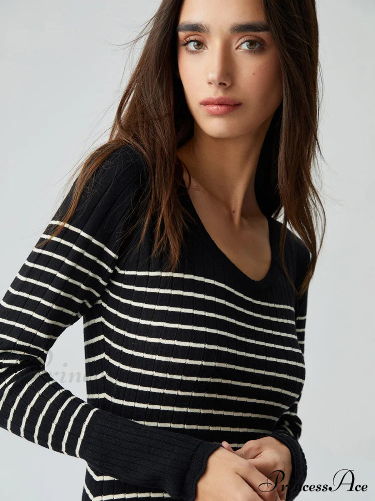 Contrast Trim Striped Crew Modern Neck Knit Sweater Dress Sweaters-L
