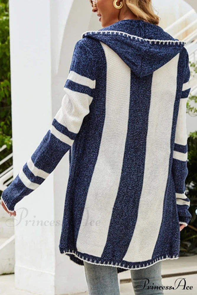 Contrast With Striped Cardigan Hooded Mid-Length Design Blue / Xl Cardigans