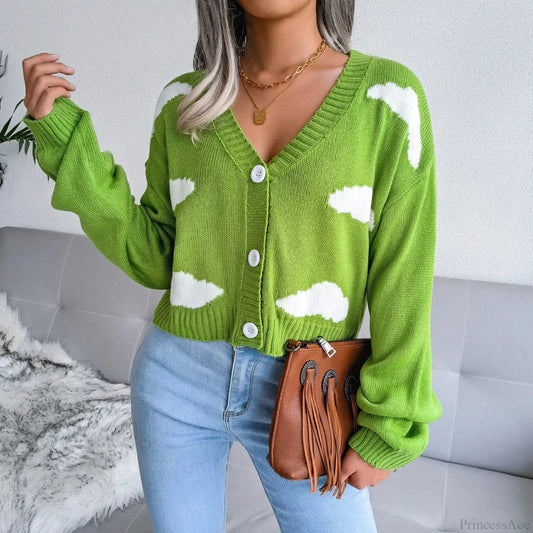 Contrasting Colors V-Neck Knitted Knit Cardigan Green / S cardiagn-250126