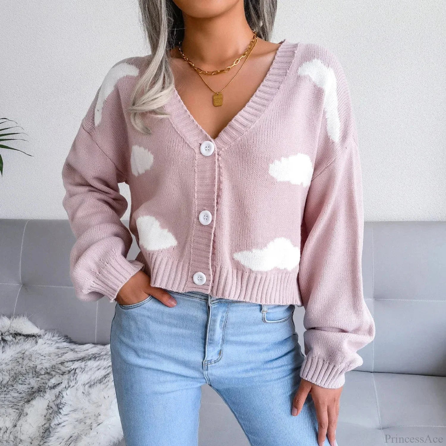 Contrasting Colors V-Neck Knitted Knit Cardigan Pink / S cardiagn-250126