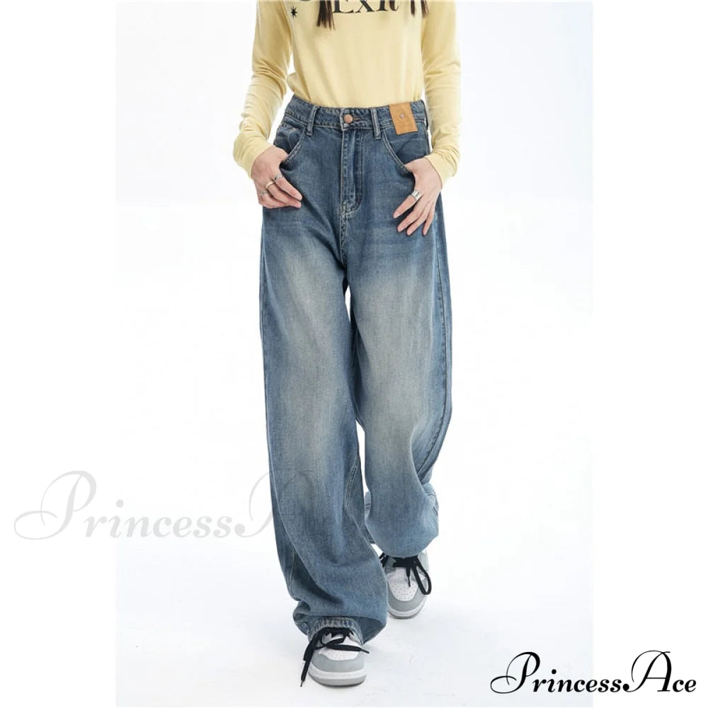 Contrasting Wide Colors For Pants Jeans High Blue Waist Leg With Women