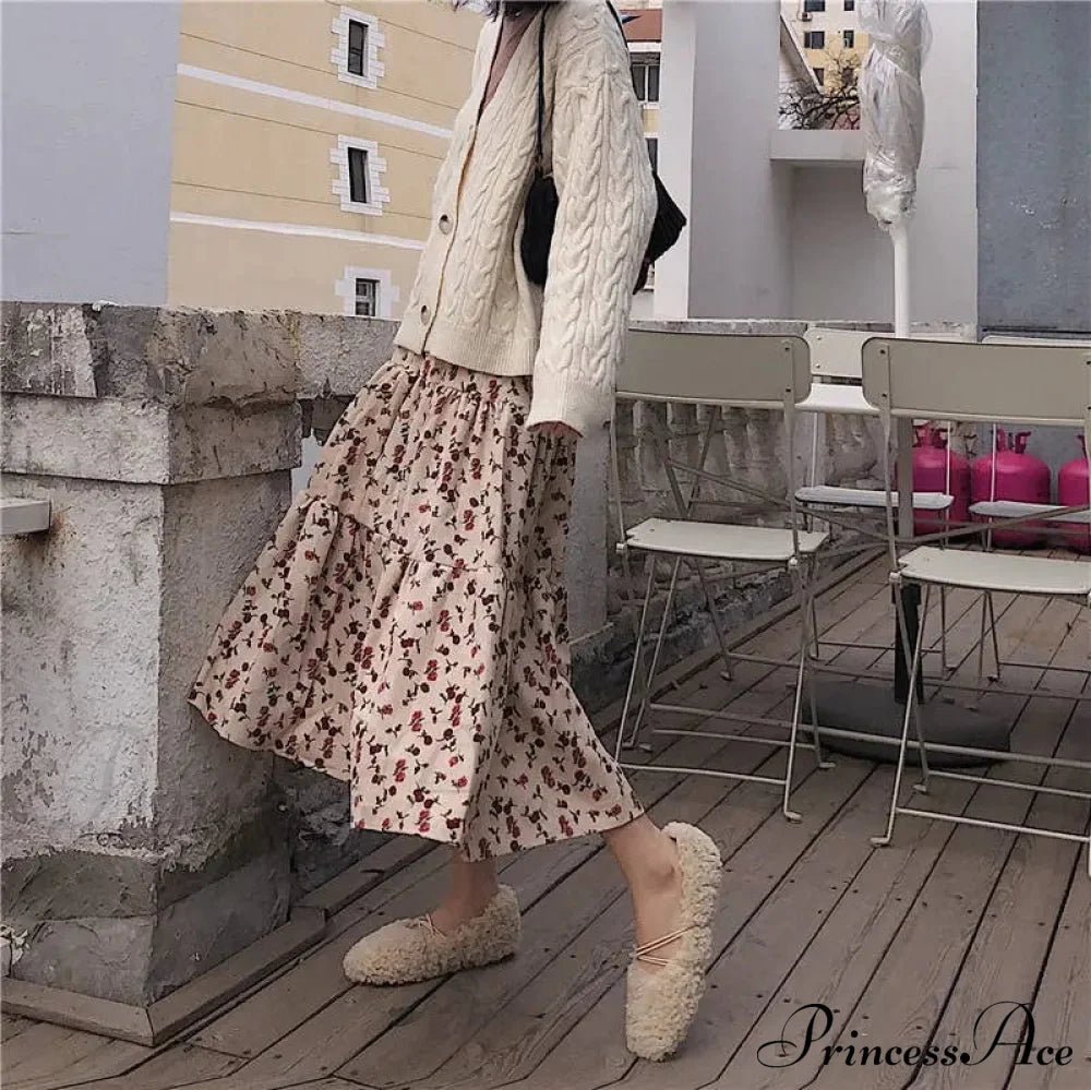 Corduroy High Waist Charming Floral Print Maxi Skirt Skirt