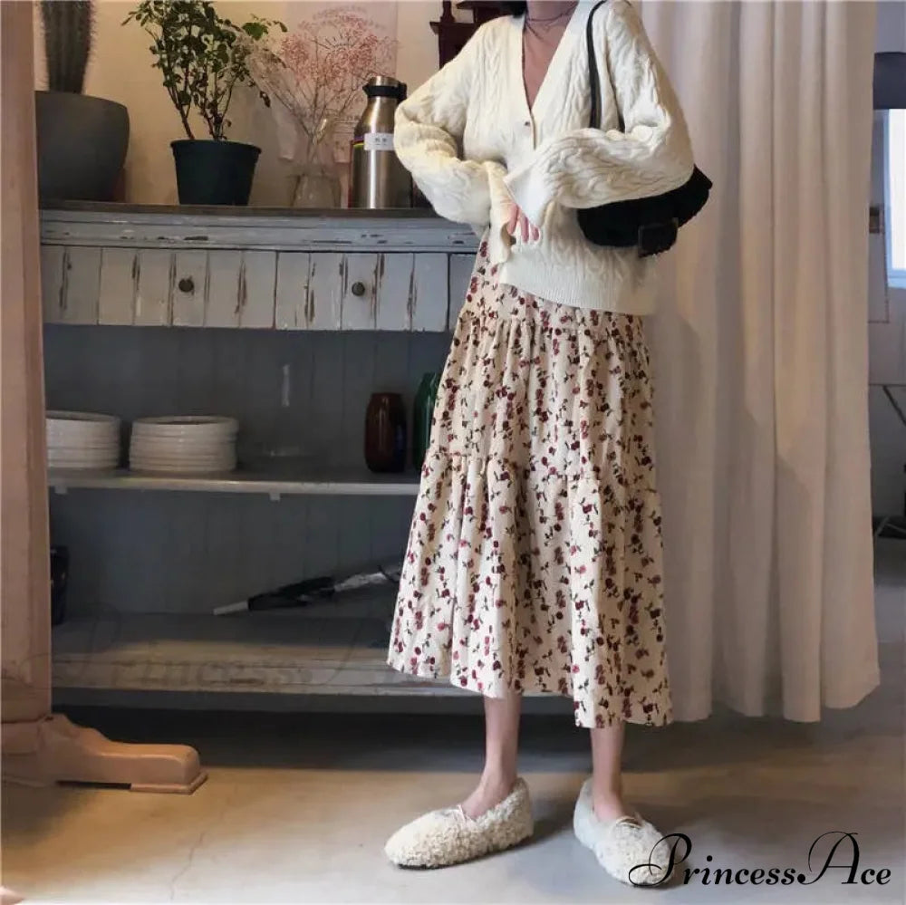 Corduroy High Waist Charming Floral Print Maxi Skirt Skirt